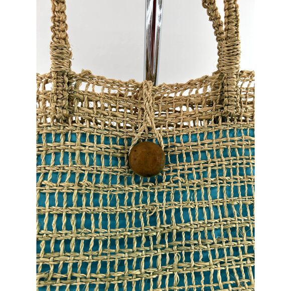 Jute Tote Aqua Polyester Fabric Lining With Interior Pocket Wood Button Closure - Picture 7 of 8